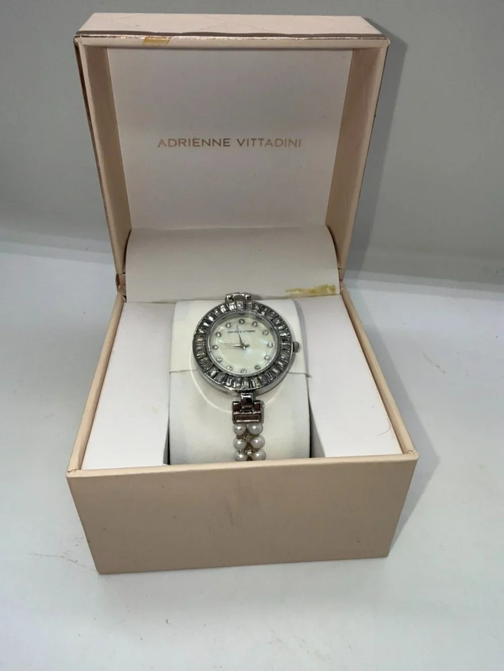 Adrienne Vittadini Women’s Pearl Crystal Watch Silver Tone Box Included